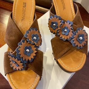 275 Central Floral Brown and Blue Mules